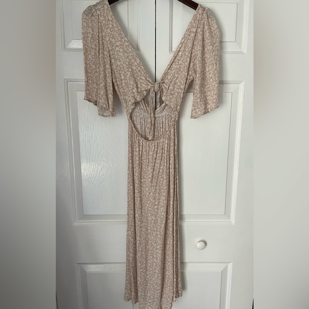 Beige Floral Midi Dress